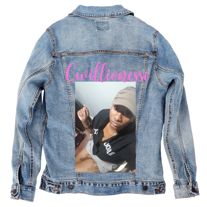Customer Designed Custom Denim Jacket (hand-crafted) with 3 color choices of jacket: Stonewash, White, or Black. Unisex XS S M L XL 2X 3X. USA hand-crafted and USA digitally printed. Ships free within the USA & also ships Internationally.