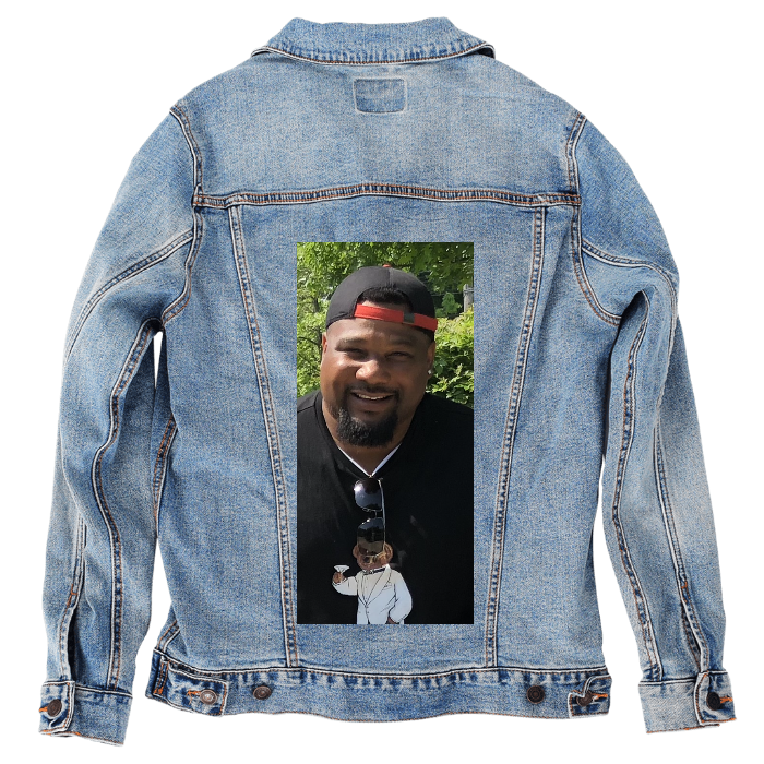 Customer Designed Custom Denim Jacket (hand-crafted) with 3 color choices of jacket: Stonewash, White, or Black. Unisex XS S M L XL 2X 3X. USA hand-crafted and USA digitally printed. Ships free within the USA & also ships Internationally.