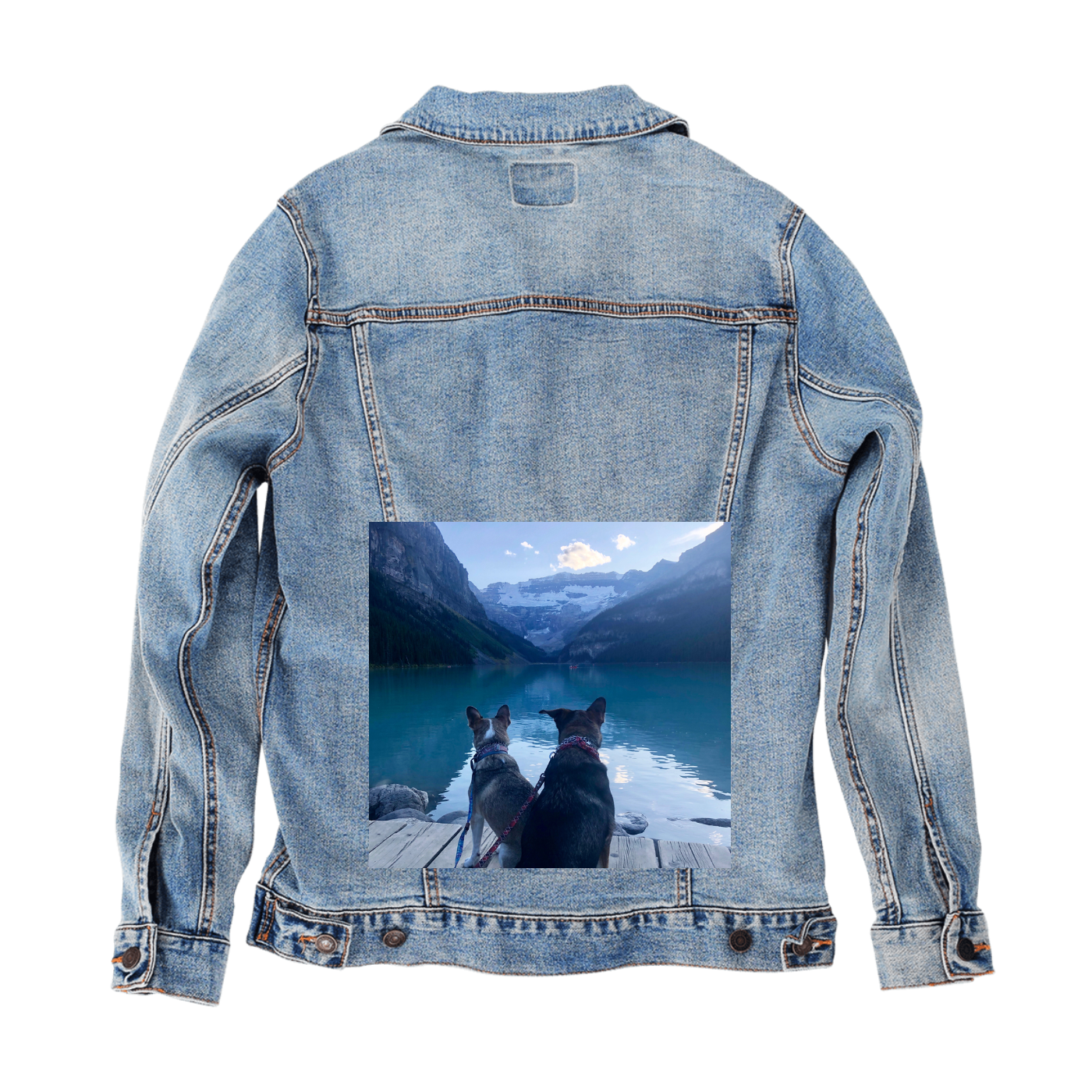 Customer Designed Custom Denim Jacket (hand-crafted) with 3 color choices of jacket: Stonewash, White, or Black. Unisex XS S M L XL 2X 3X. USA hand-crafted and USA digitally printed. Ships free within the USA & also ships Internationally.