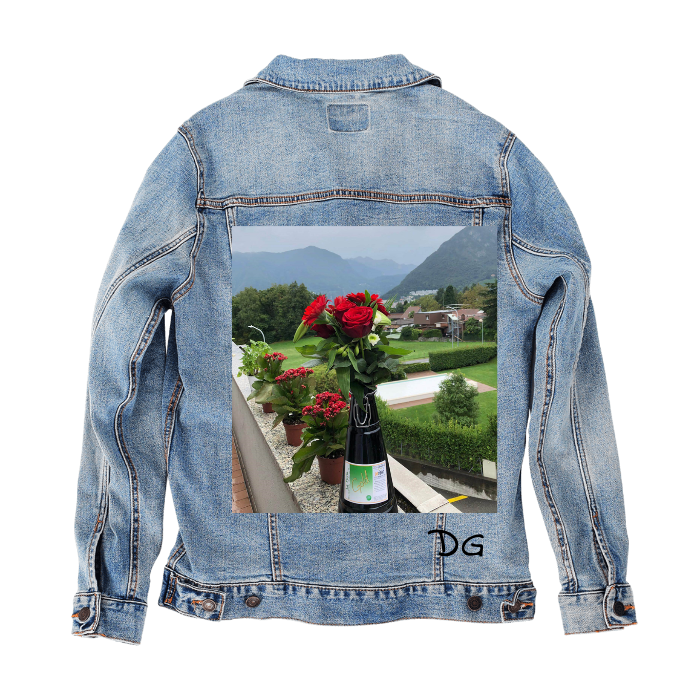 Customer Designed Custom Denim Jacket (hand-crafted) with 3 color choices of jacket: Stonewash, White, or Black. Unisex XS S M L XL 2X 3X. USA hand-crafted and USA digitally printed. Ships free within the USA & also ships Internationally.