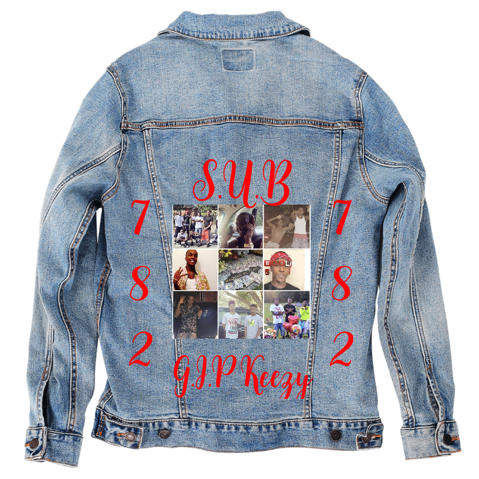 Customer Designed Custom Denim Jacket (hand-crafted) with 3 color choices of jacket: Stonewash, White, or Black. Unisex XS S M L XL 2X 3X. USA hand-crafted and USA digitally printed. Ships free within the USA & also ships Internationally.