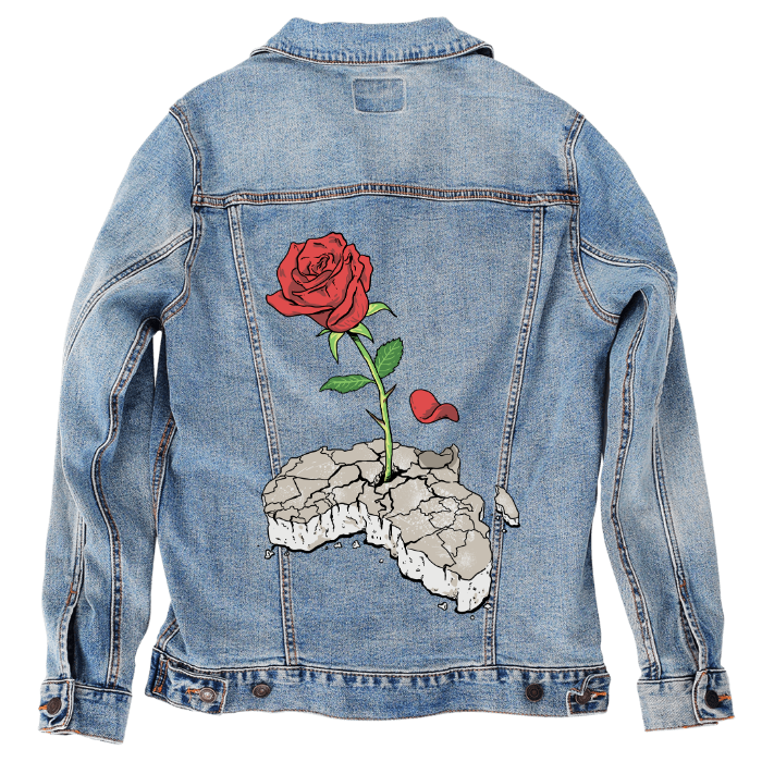 Customer Designed Custom Denim Jacket (hand-crafted) with 3 color choices of jacket: Stonewash, White, or Black. Unisex XS S M L XL 2X 3X. USA hand-crafted and USA digitally printed. Ships free within the USA & also ships Internationally.