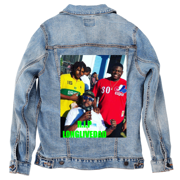Customer Designed Custom Denim Jacket (hand-crafted) with 3 color choices of jacket: Stonewash, White, or Black. Unisex XS S M L XL 2X 3X. USA hand-crafted and USA digitally printed. Ships free within the USA & also ships Internationally.