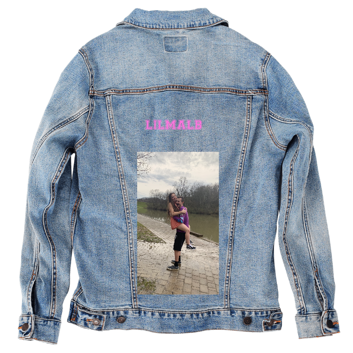 Customer Designed Custom Denim Jacket (hand-crafted) with 3 color choices of jacket: Stonewash, White, or Black. Unisex XS S M L XL 2X 3X. USA hand-crafted and USA digitally printed. Ships free within the USA & also ships Internationally.