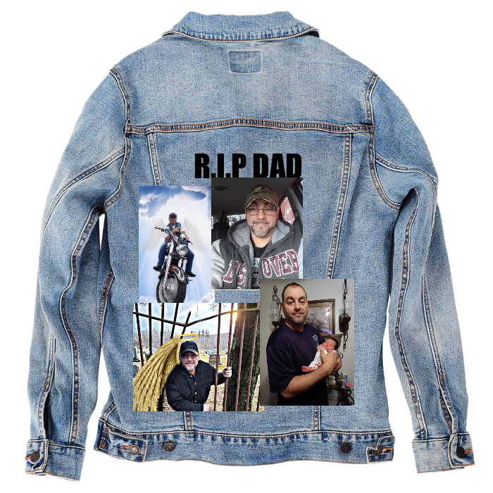 Customer Designed Custom Denim Jacket (hand-crafted) with 3 color choices of jacket: Stonewash, White, or Black. Unisex XS S M L XL 2X 3X. USA hand-crafted and USA digitally printed. Ships free within the USA & also ships Internationally.