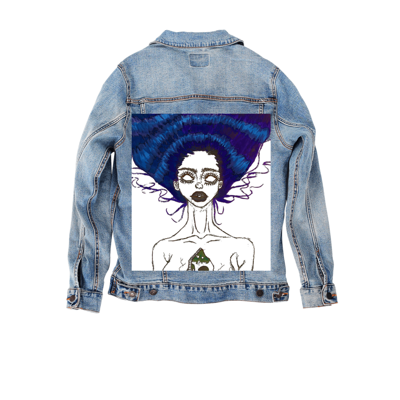 Customer Designed Custom Denim Jacket (hand-crafted) with 3 color choices of jacket: Stonewash, White, or Black. Unisex XS S M L XL 2X 3X. USA hand-crafted and USA digitally printed. Ships free within the USA & also ships Internationally.