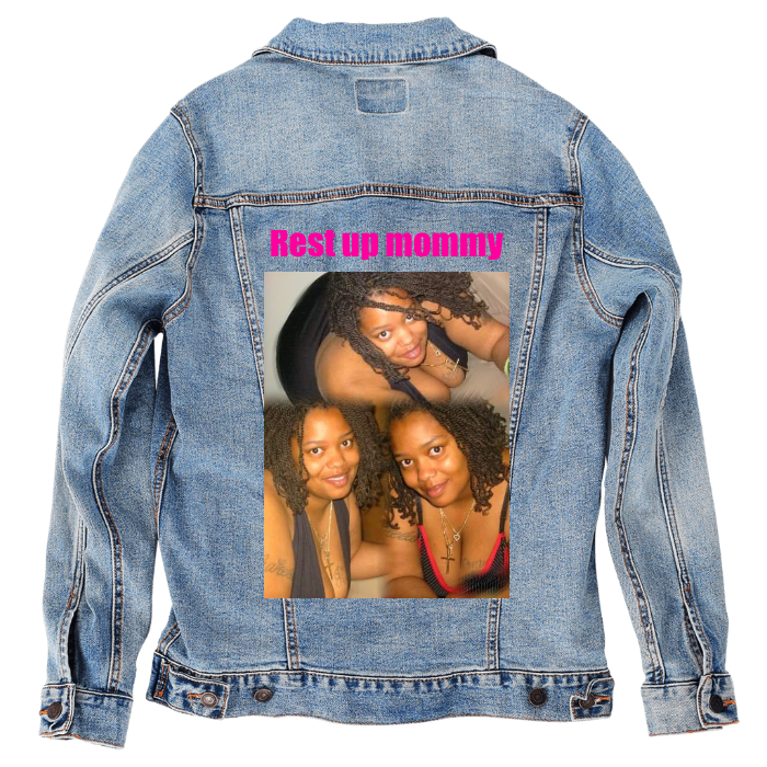 Customer Designed Custom Denim Jacket (hand-crafted) with 3 color choices of jacket: Stonewash, White, or Black. Unisex XS S M L XL 2X 3X. USA hand-crafted and USA digitally printed. Ships free within the USA & also ships Internationally.