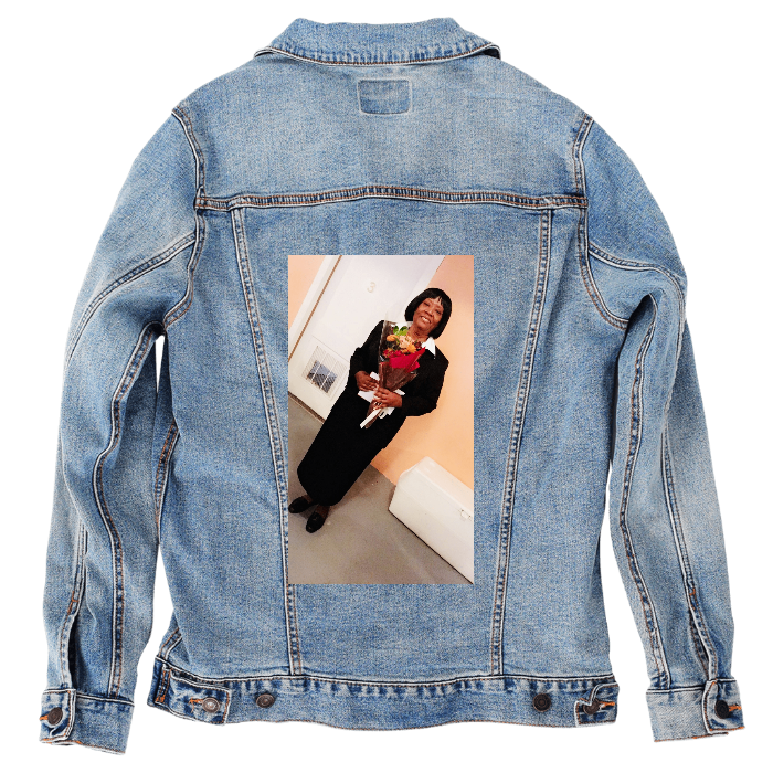 Customer Designed Custom Denim Jacket (hand-crafted) with 3 color choices of jacket: Stonewash, White, or Black. Unisex XS S M L XL 2X 3X. USA hand-crafted and USA digitally printed. Ships free within the USA & also ships Internationally.