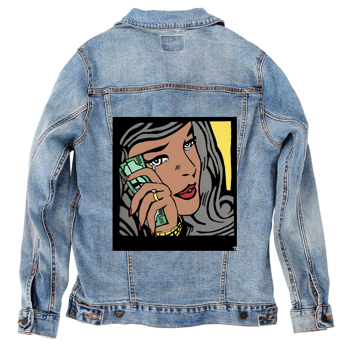 Customer Designed Custom Denim Jacket (hand-crafted) with 3 color choices of jacket: Stonewash, White, or Black. Unisex XS S M L XL 2X 3X. USA hand-crafted and USA digitally printed. Ships free within the USA & also ships Internationally.