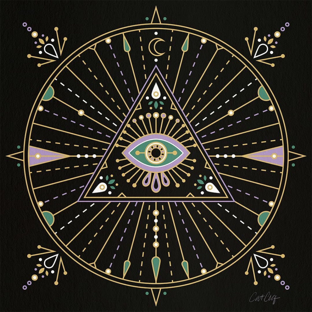illustration of a geometric mandala with a central triangle containing an all-seeing eye, radiating gold, white, &amp; pastel lavender lines outward. .the triangle sits within a circular mandala filled with celestial symbols including a crescent moon, dot constellations, &amp; symmetrical botanical flourishes. the design features detailed linework in gold, mint, violet, &amp; cream tones on a matte black background. signed “CatCoq” in the lower right corner.  Image shown on a solid black background