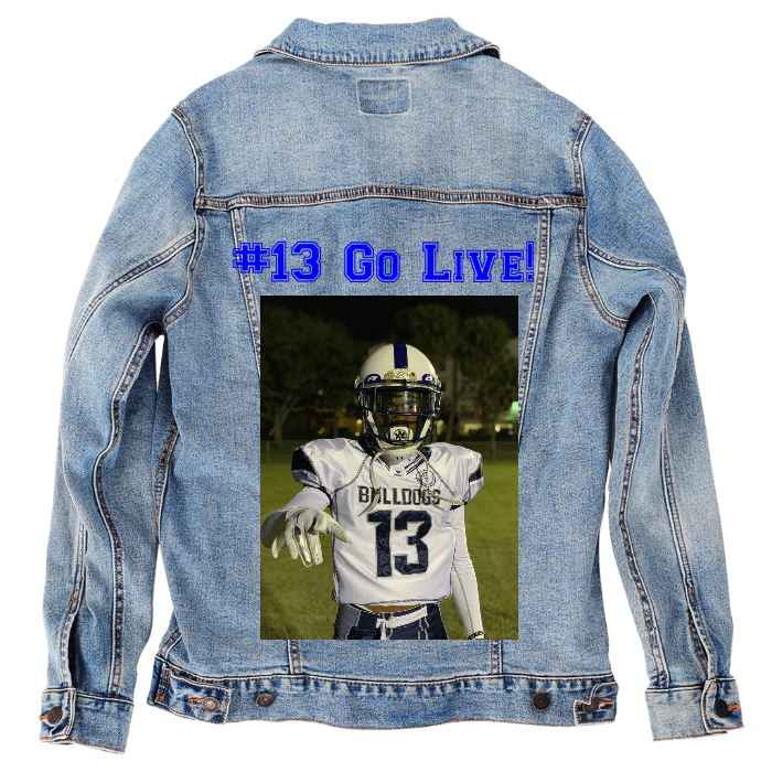 Customer Designed Custom Denim Jacket (hand-crafted) with 3 color choices of jacket: Stonewash, White, or Black. Unisex XS S M L XL 2X 3X. USA hand-crafted and USA digitally printed. Ships free within the USA & also ships Internationally.
