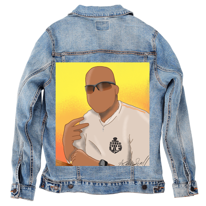 Customer Designed Custom Denim Jacket (hand-crafted) with 3 color choices of jacket: Stonewash, White, or Black. Unisex XS S M L XL 2X 3X. USA hand-crafted and USA digitally printed. Ships free within the USA & also ships Internationally.