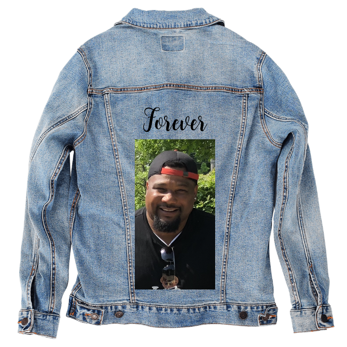 Customer Designed Custom Denim Jacket (hand-crafted) with 3 color choices of jacket: Stonewash, White, or Black. Unisex XS S M L XL 2X 3X. USA hand-crafted and USA digitally printed. Ships free within the USA & also ships Internationally.