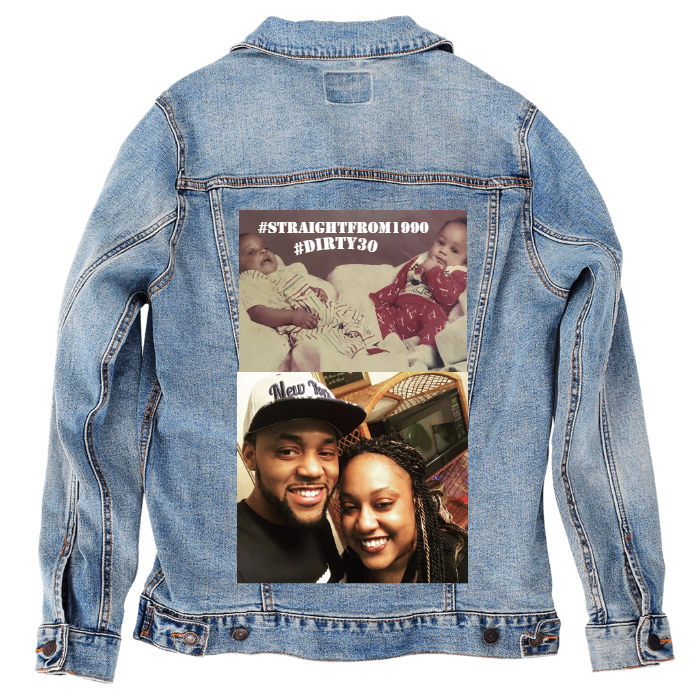 Customer Designed Custom Denim Jacket (hand-crafted) with 3 color choices of jacket: Stonewash, White, or Black. Unisex XS S M L XL 2X 3X. USA hand-crafted and USA digitally printed. Ships free within the USA & also ships Internationally.