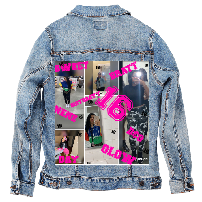 Customer Designed Custom Denim Jacket (hand-crafted) with 3 color choices of jacket: Stonewash, White, or Black. Unisex XS S M L XL 2X 3X. USA hand-crafted and USA digitally printed. Ships free within the USA & also ships Internationally.
