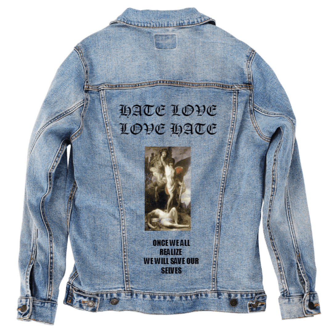 Custom Denim Jacket – Customer Designed – “HATE LOVE / LOVE HATE” Gothic Text, Classical Painting, and Inspirational Quote Back Art – 3 Color Choices (hand - crafted) custom denim jacket by DenimINK