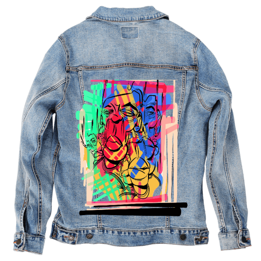 Custom Denim Jacket – Customer Designed – Multicolor Abstract Graffiti - Style Faces with Bold Layered Paint Strokes Back Art – 3 Color Choices (hand - crafted) custom denim jacket by DenimINK