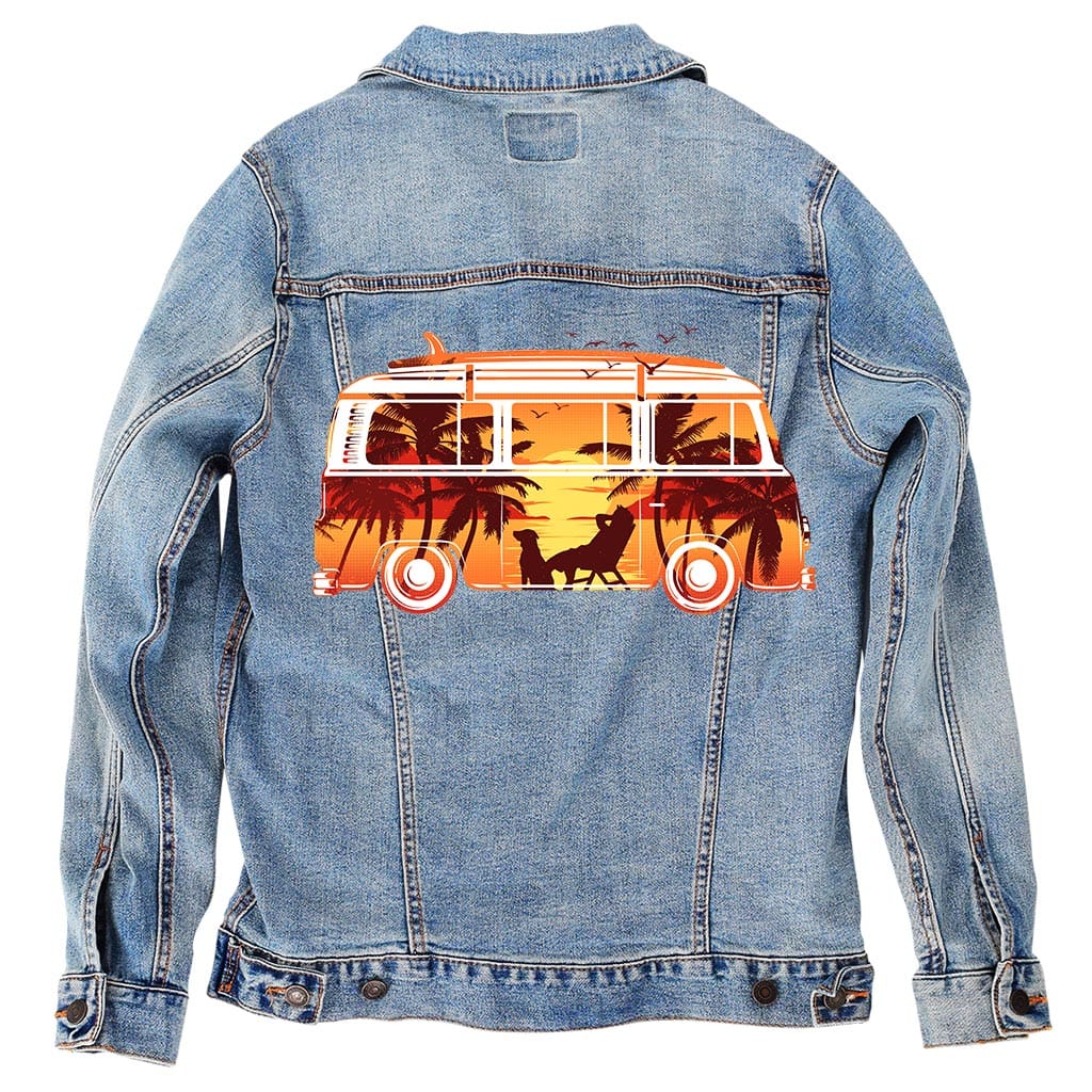 HIT THE ROAD by GRANT SHEPLEY, digitally printed on DENIM products: throw pillows, aprons, table place mats, and hand-crafted Unisex Denim Jackets in 3 color choices