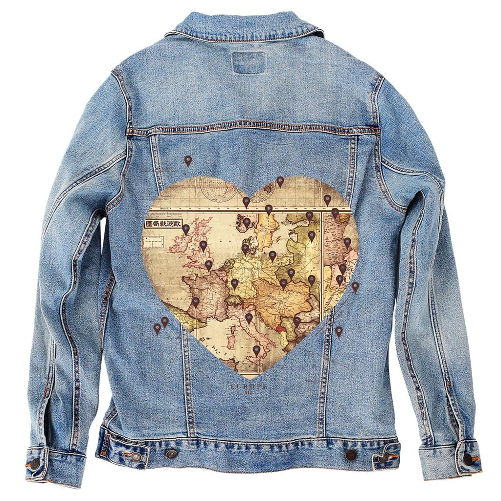 LOVE BY TRAVEL by TOBE FONSECA, digitally printed on DENIM products: throw pillows, aprons, table place mats, and hand-crafted Unisex Denim Jackets in 3 color choices
