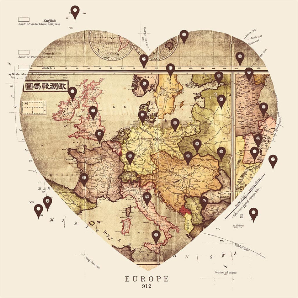 LOVE BY TRAVEL by TOBE FONSECA, digitally printed on DENIM products: throw pillows, aprons, table place mats, and hand-crafted Unisex Denim Jackets in 3 color choices