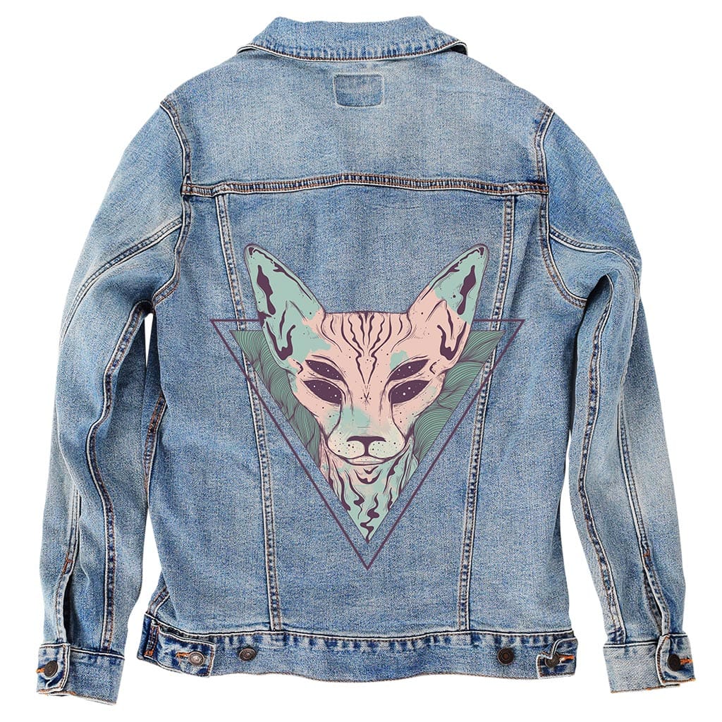 MYSTIC SPHINX by JESS ADAMS, digitally printed on DENIM products: throw pillows, aprons, table place mats, and hand-crafted Unisex Denim Jackets in 3 color choices