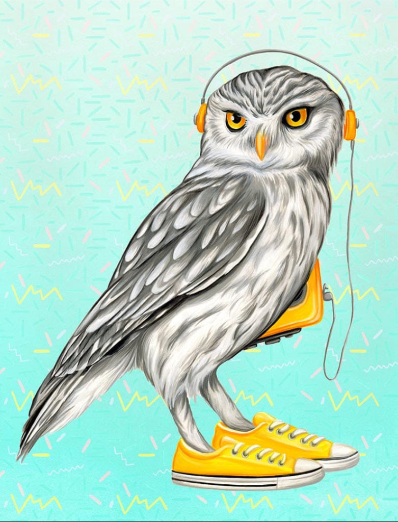 illustration of a gray-and-white owl standing upright while wearing bright yellow sneakers and orange headphones connected by a thin cord. the owl’s layered feathers are rendered in soft gray strokes with lighter highlights along the chest and wings, and its large golden eyes look forward with steady focus. the background is turquoise with scattered pastel squiggles and dash patterns. this artwork is titled “Owl Wearing Converse Shoes” and created by Amelia Legault