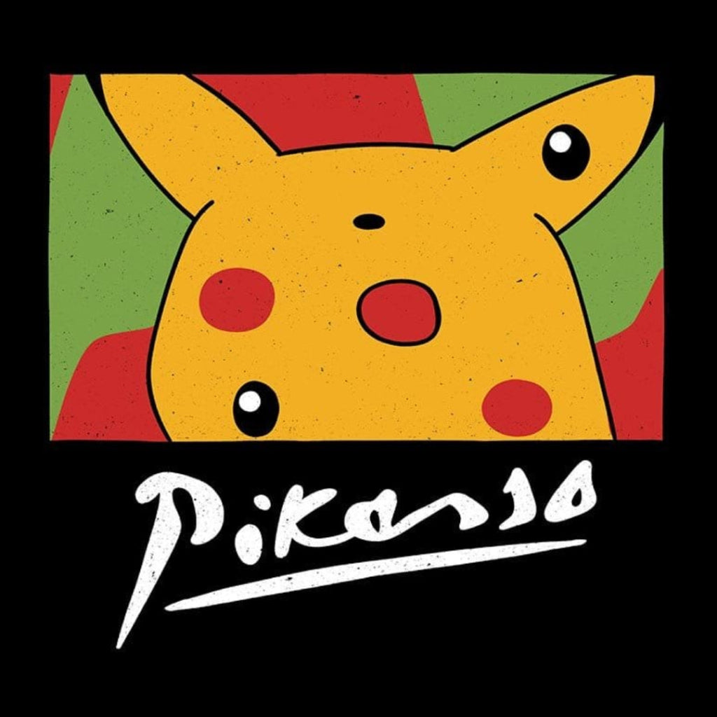 illustration of A cropped, stylized yellow cartoon creature’s face filling the upper half of the image, with pointed ears, red circular cheeks, simple black oval eyes with white highlights, and a small open red mouth. The face is rendered in flat yellow with black outlines and light speckled texture, set against abstract blocks of red and green. Below, hand-painted white script reads “Pikasso” with a sweeping underline on a black background. This artwork is titled “Pablo Pikasso” and created by Tobe Fonseca