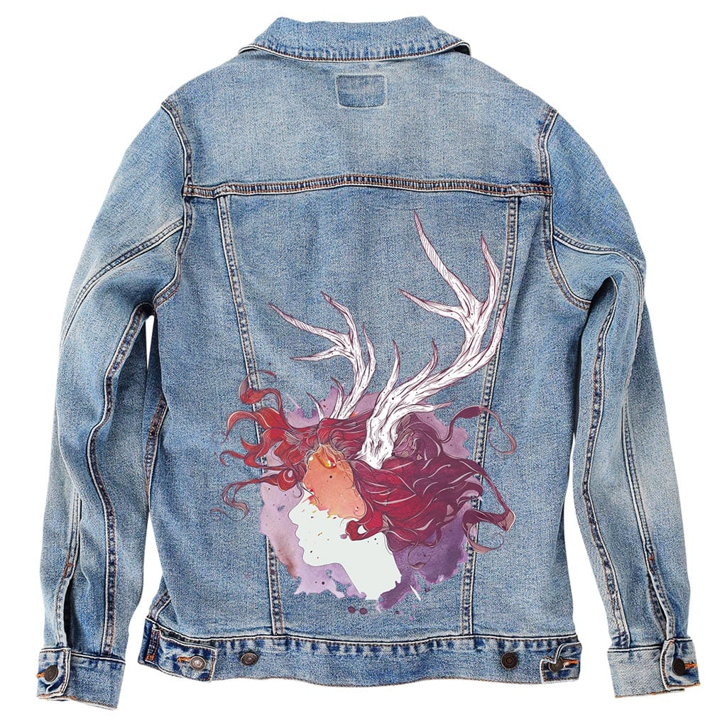 PAGAN QUEEN by JESS ADAMS, digitally printed on DENIM products: throw pillows, aprons, table place mats, and hand-crafted Unisex Denim Jackets in 3 color choices