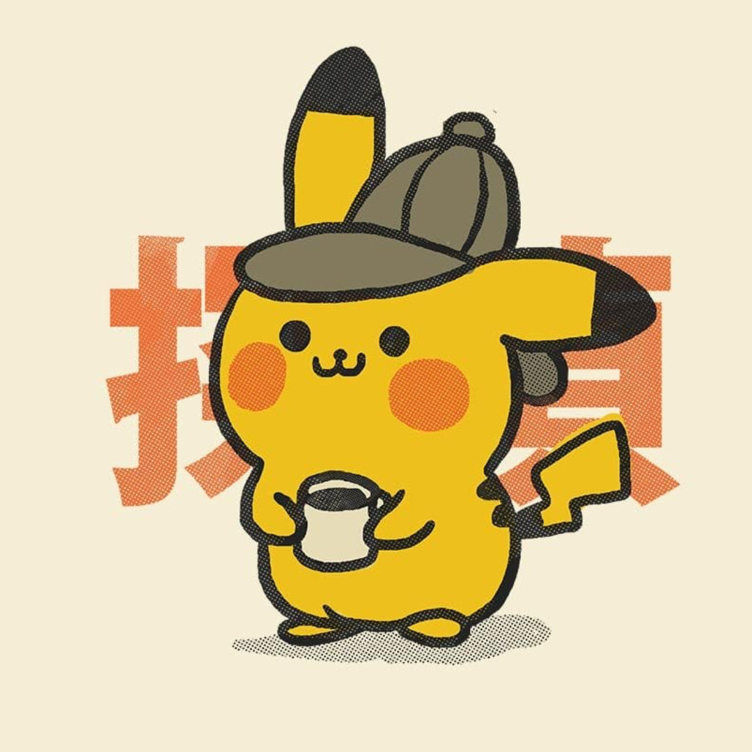 PIKACHU COFFEE DEFECTIVE by PEPE RODRIGUEZ aka PPMID, digitally printed on DENIM products: throw pillows, aprons, table place mats, and hand-crafted Unisex Denim Jackets in 3 color choices