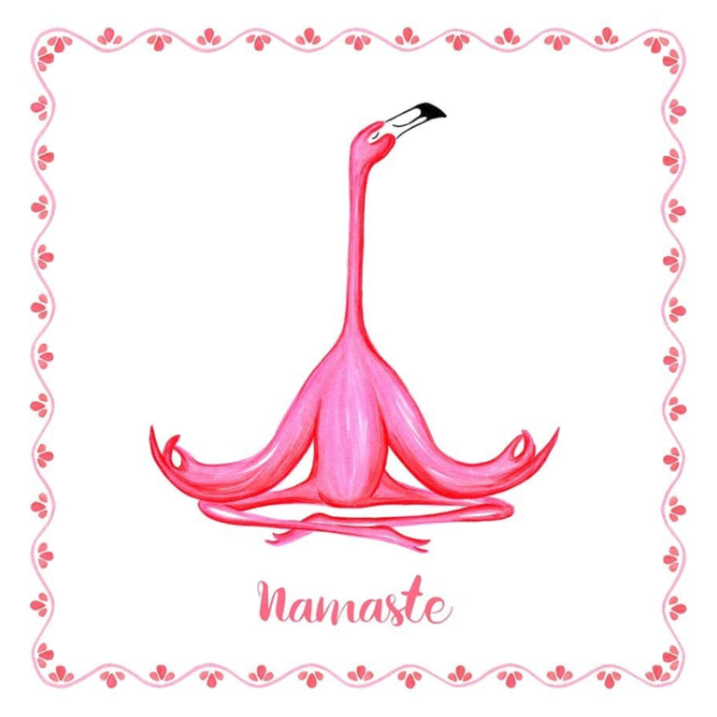 illustration of a bright pink flamingo seated upright in a meditative yoga pose, with its wings curled forward, long neck extended and curved beak angled gently downward. the flamingo’s wings fold symmetrically into petal-like shapes around its body, rendered in layered pink and coral brushstrokes. a decorative pink floral border frames the white background, with the word “Namaste” hand-lettered beneath the figure. this artwork is titled “Pink Flamingo Meditating Namaste” and created by Amélie Legault 