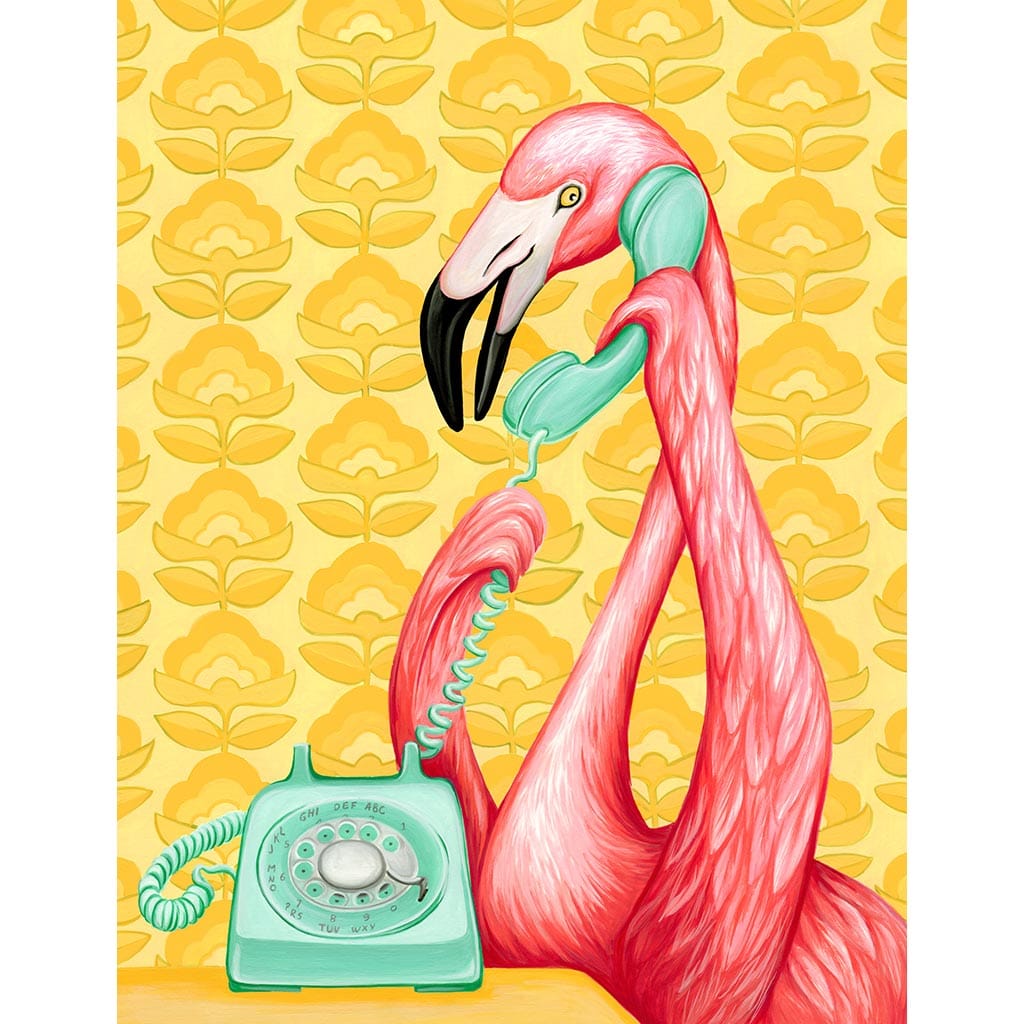illustration of a pink flamingo holding a mint green vintage telephone receiver to its beak, its long curved neck forming a looping arc above a matching rotary phone. the flamingo’s feathers are painted in layered pink and coral strokes, with a black-tipped beak and yellow eye. a yellow background patterned with repeating floral shapes fills the scene. this artwork is titled “Pink Flamingo on the Phone 1” and created by Amélie Legault 