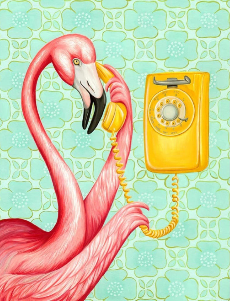 illustration of a pink flamingo holding a yellow vintage rotary telephone receiver to its beak, with the curved neck forming an elegant arc. the flamingo’s feathers are painted in layered pink and coral strokes, and a coiled yellow phone cord connects to a matching wall-mounted rotary phone beside it. the background is mint green with repeating floral shapes in lighter tones. this artwork is titled “Pink Flamingo on the Phone 2 with background” and created by Amélie Legault