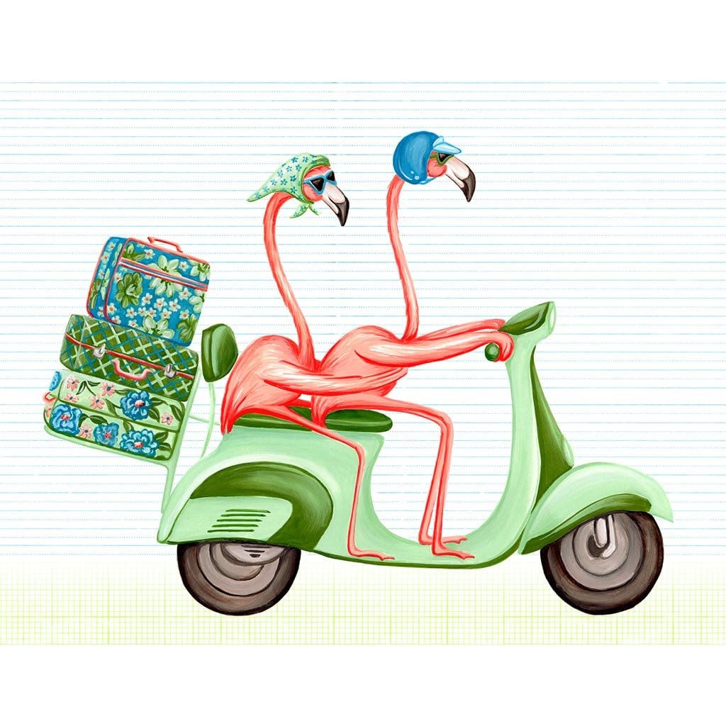 illustration of two pink flamingos riding a mint-green scooter, one wearing a patterned headscarf and the other wearing a blue helmet, with a stack of floral-patterned suitcases strapped to the back. this artwork is titled “Pink Flamingos Riding a Scooter” and created by artist Amelia Legault