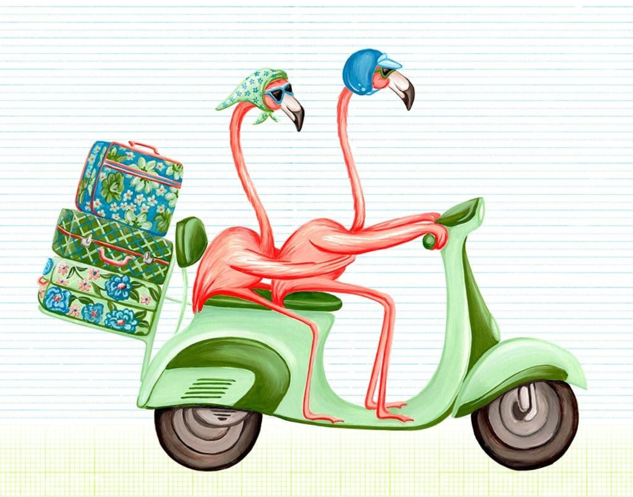 illustration of two pink flamingos riding together on a mint green scooter, their long necks upright and bodies seated closely in tandem. one flamingo wears a blue helmet, the other a green headscarf with sunglasses. a stack of patterned suitcases is secured behind them, and the scooter’s dark wheels and curved body rest against a pale lined background. this artwork is titled “Pink Flamingos Riding a Scooter” and created by Amélie Legault