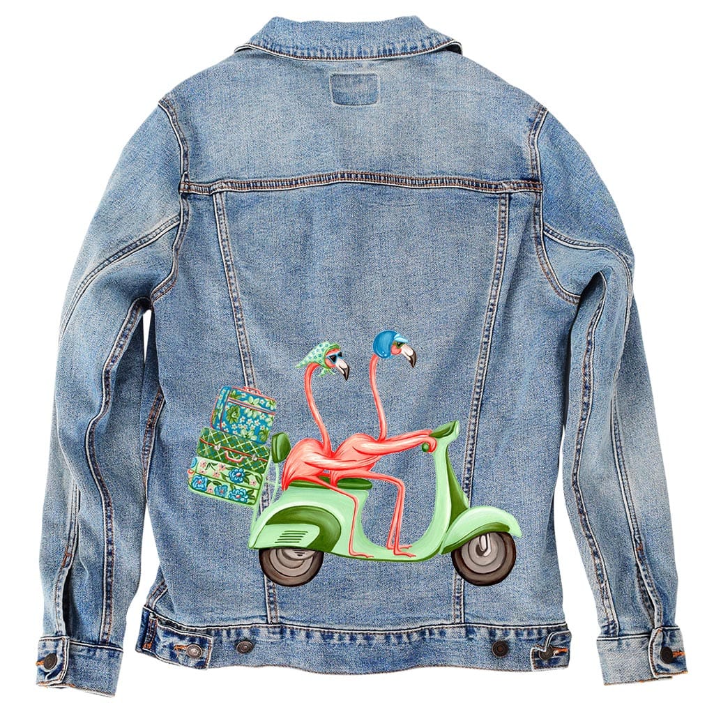 PINK FLAMINGOS RIDING A SCOOTER by AMELIA LEGAULT, digitally printed on DENIM products: throw pillows, aprons, table place mats, and hand-crafted Unisex Denim Jackets in 3 color choices