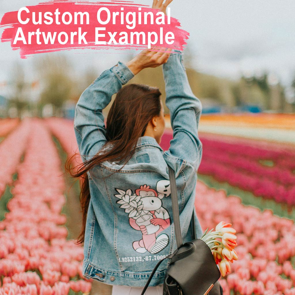 Denim jackets with sales writing on the back
