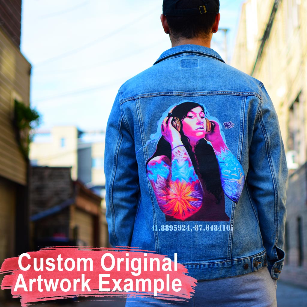Denim jackets with writing on hot sale the back