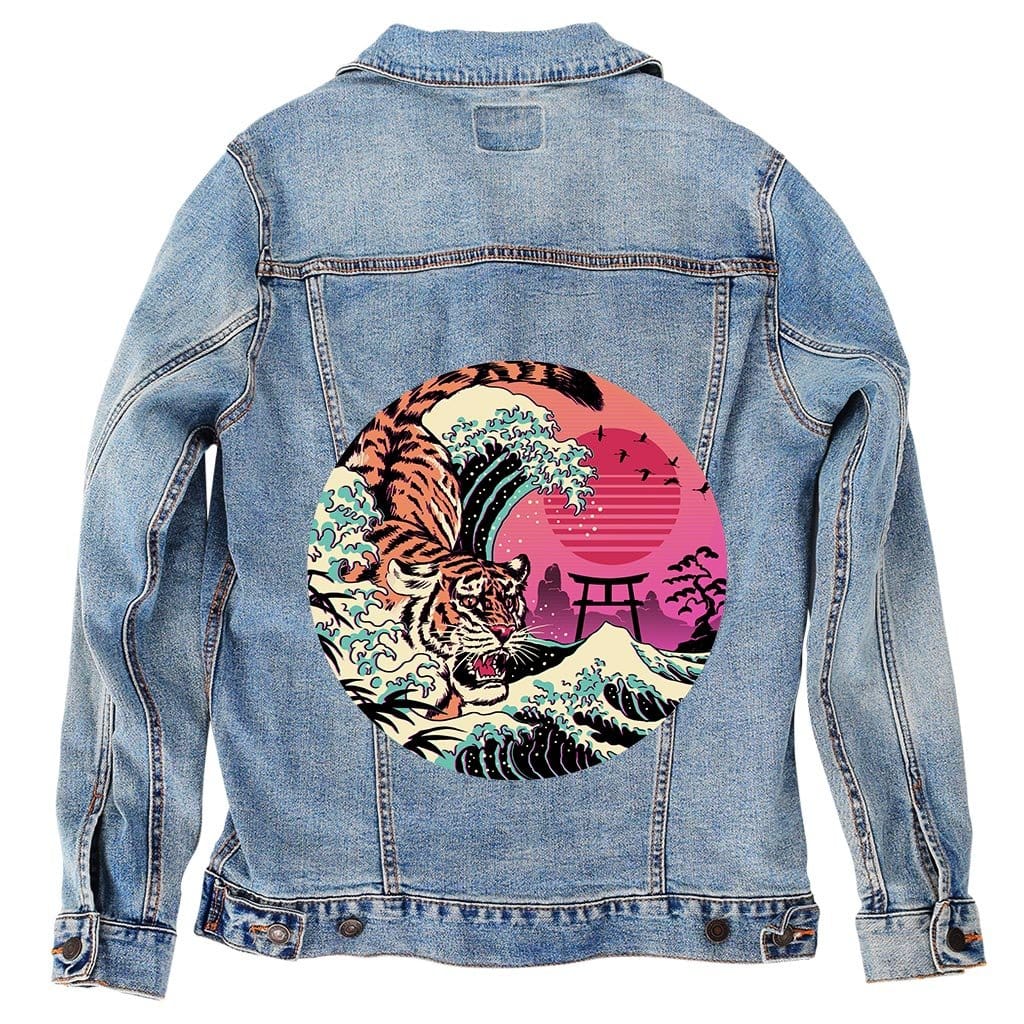 RAD TIGER WAVE by VINCENT TRINIDAD, digitally printed on DENIM products: throw pillows, aprons, table place mats, and hand-crafted Unisex Denim Jackets in 3 color choices