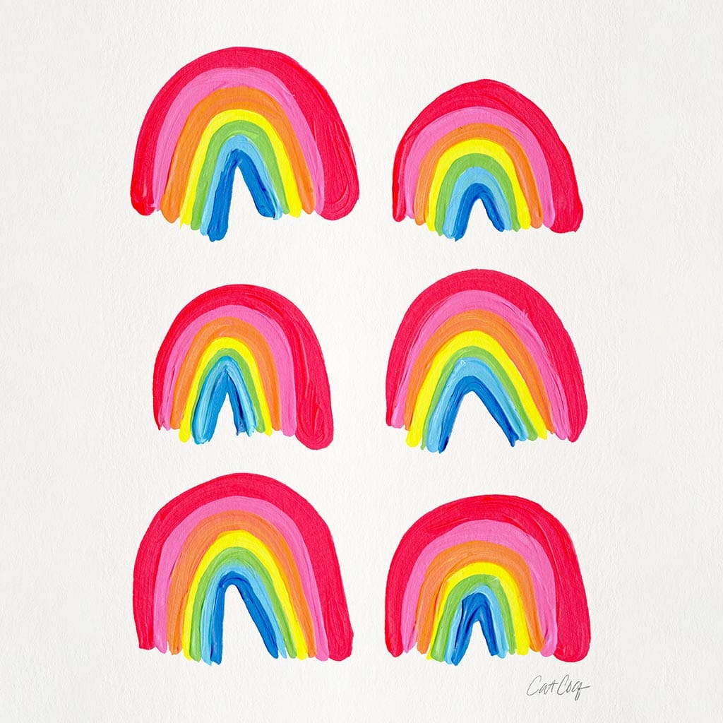 illustration of six watercolor-style rainbows arranged in two columns of three on a white background. each rainbow is made of thick brush-painted arcs in red, pink, orange, yellow, green, blue &amp; purple. the paint texture gives a bold, expressive feel to the rounded shapes. signed “CatCoq” in the lower right.