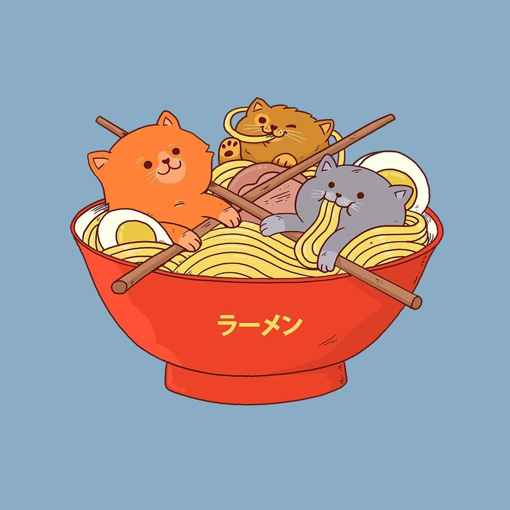 RAMEN AND CATS by PEPE RODRIGUEZ aka PPMID, digitally printed on DENIM products: throw pillows, aprons, table place mats, and hand-crafted Unisex Denim Jackets in 3 color choices