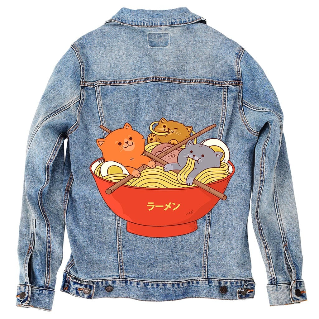 RAMEN AND CATS by PEPE RODRIGUEZ aka PPMID, digitally printed on DENIM products: throw pillows, aprons, table place mats, and hand-crafted Unisex Denim Jackets in 3 color choices