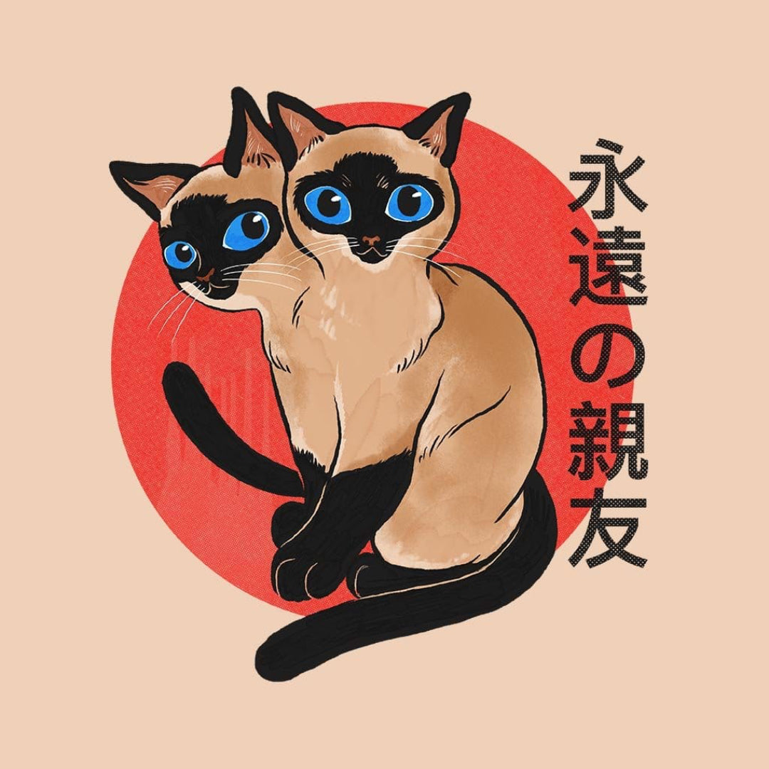 SIAMESE by PEPE RODRIGUEZ aka PPMID, digitally printed on DENIM products: throw pillows, aprons, table place mats, and hand-crafted Unisex Denim Jackets in 3 color choices