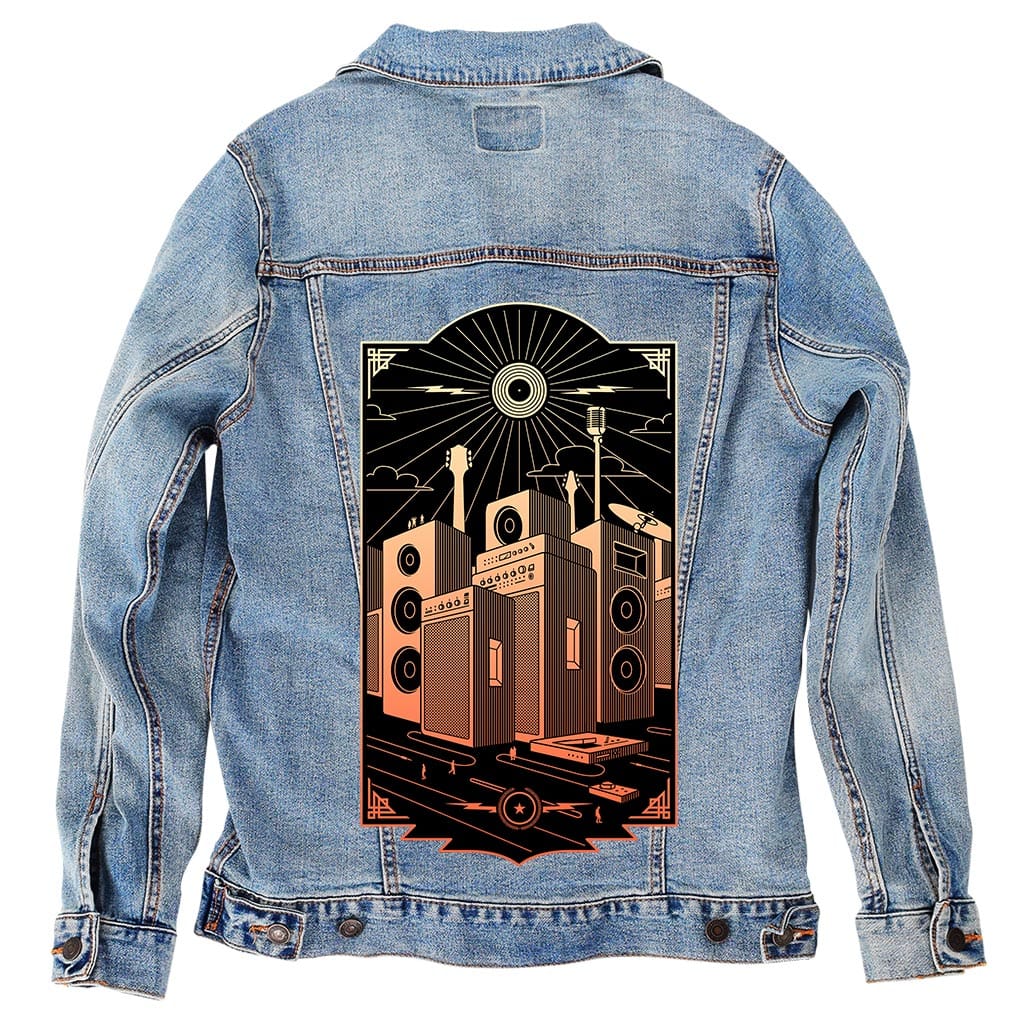 SOUND CITY by GRANT SHEPLEY, digitally printed on DENIM products: throw pillows, aprons, table place mats, and hand-crafted Unisex Denim Jackets in 3 color choices