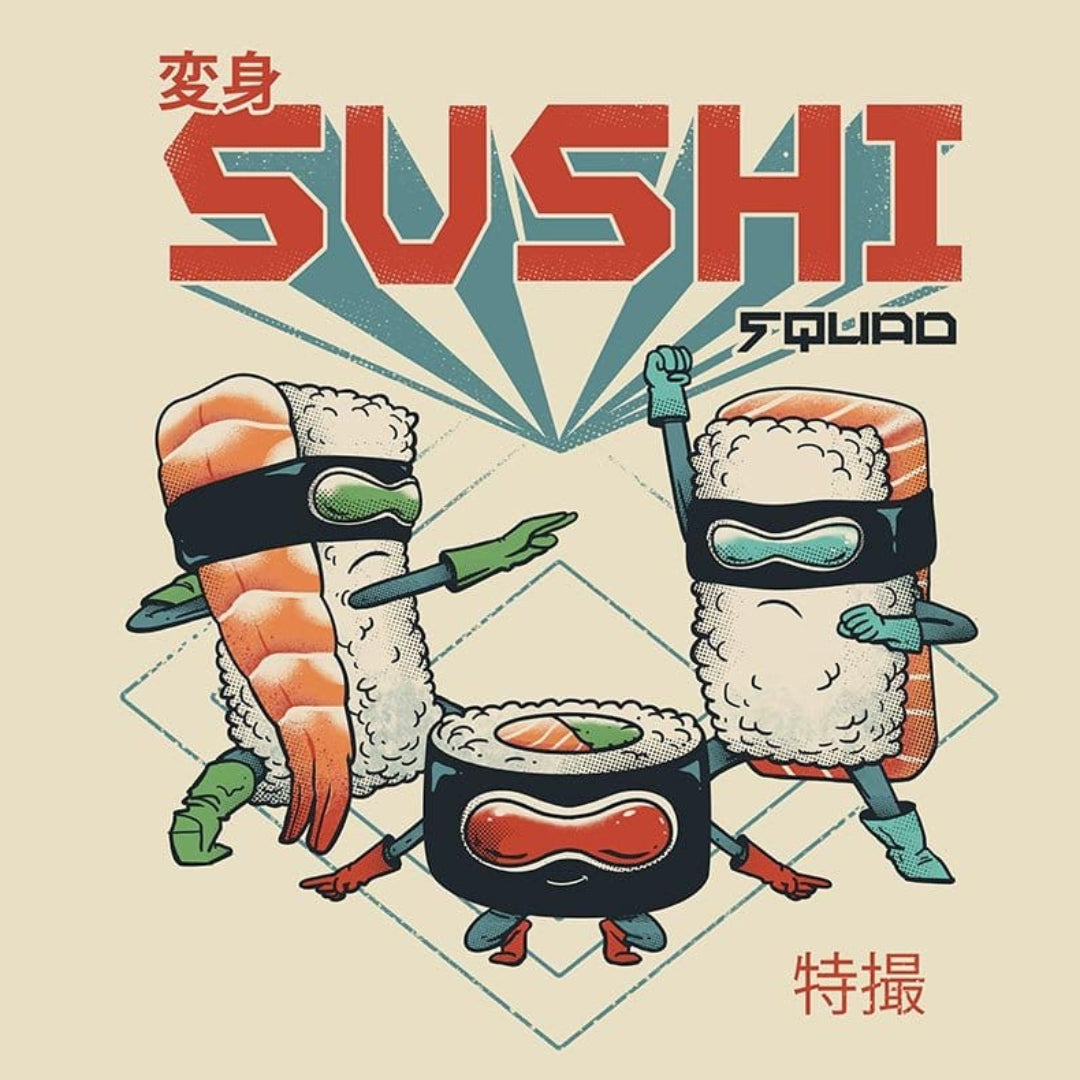 SUSHI SQUAD by VINCENT TRINIDAD, digitally printed on DENIM products: throw pillows, aprons, table place mats, and hand-crafted Unisex Denim Jackets in 3 color choices
