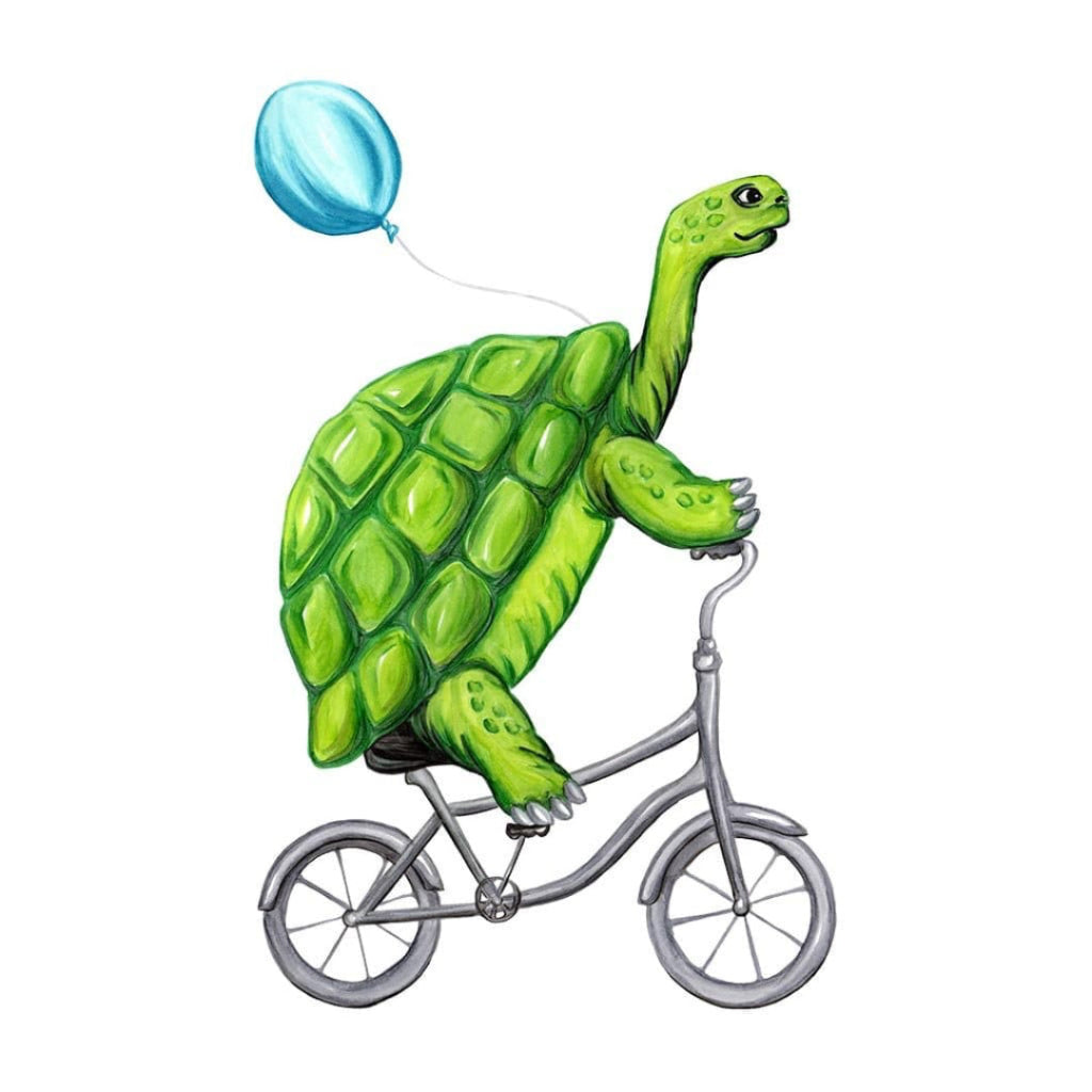 illustration of a bright green turtle riding a small gray bicycle, its long neck extended forward and one front foot resting on the handlebar. the turtle’s shell is patterned with rounded geometric plates shaded in layered green tones, and a light blue balloon floats behind it on a thin string. the background is white and open, emphasizing the figure and motion. this artwork is titled “Turtle Riding a Bicycle” and created by Amélie Legault